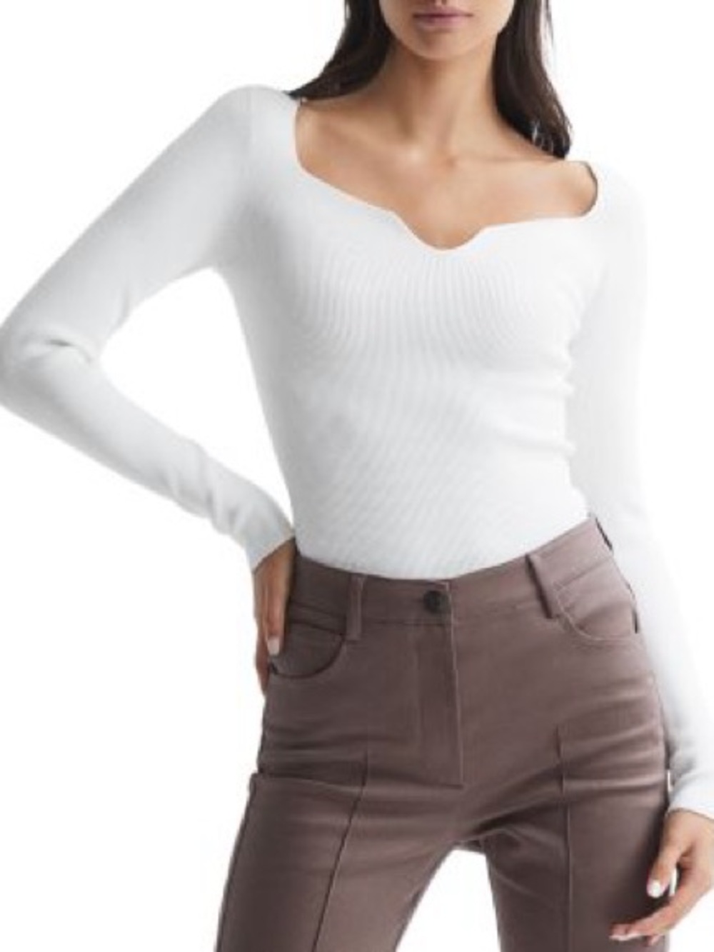 Abercrombie & Fitch Women's White Long Sleeve Ribbed Bodysuit with a sweetheart